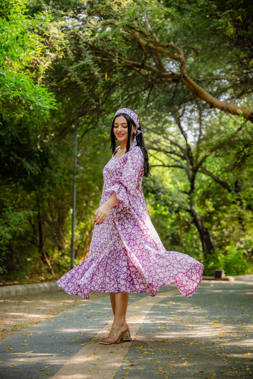 Purple Flared Floral Dress