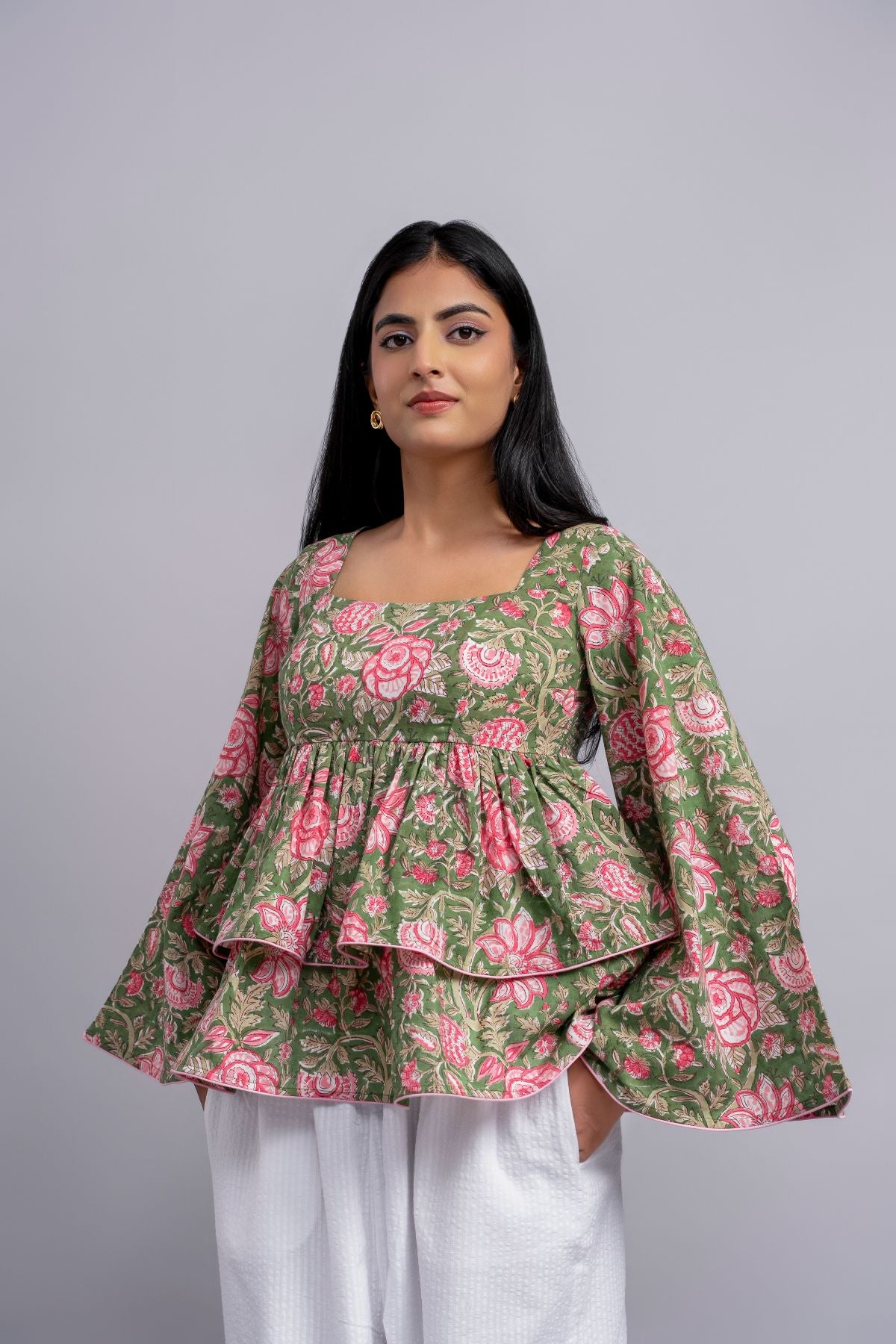 Green Floral Peplum Top