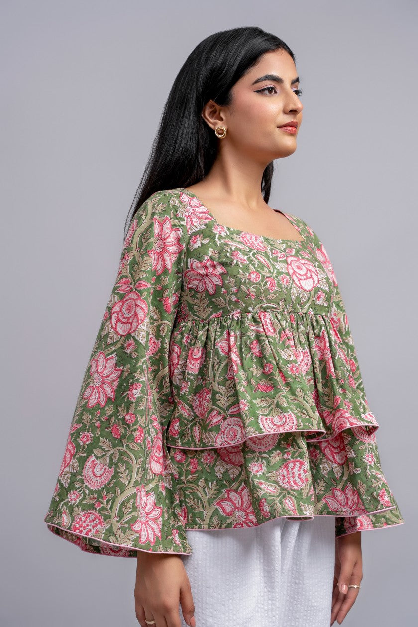 Green Floral Peplum Top