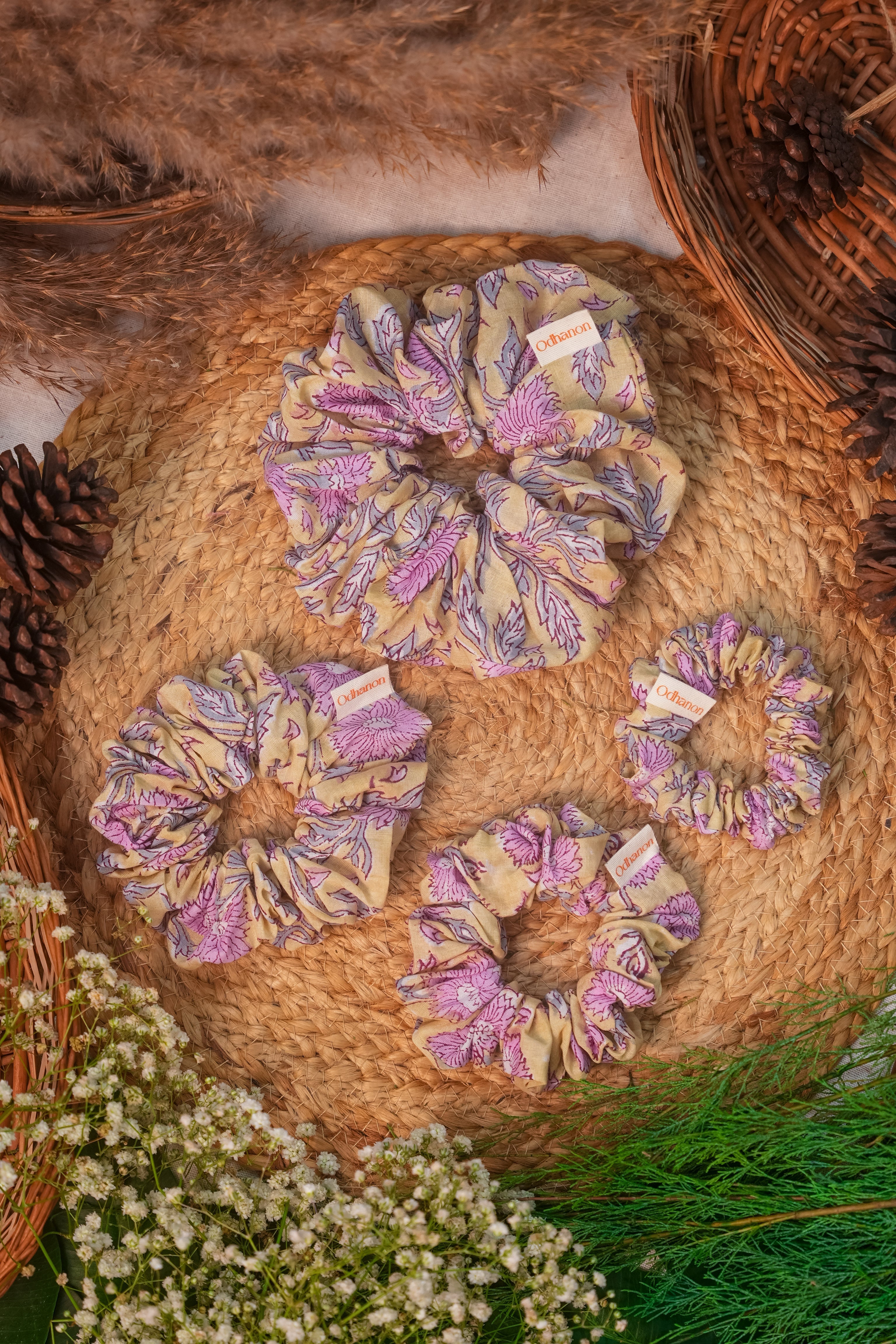 Yellow Pink Florals Scrunchie - Odhanon