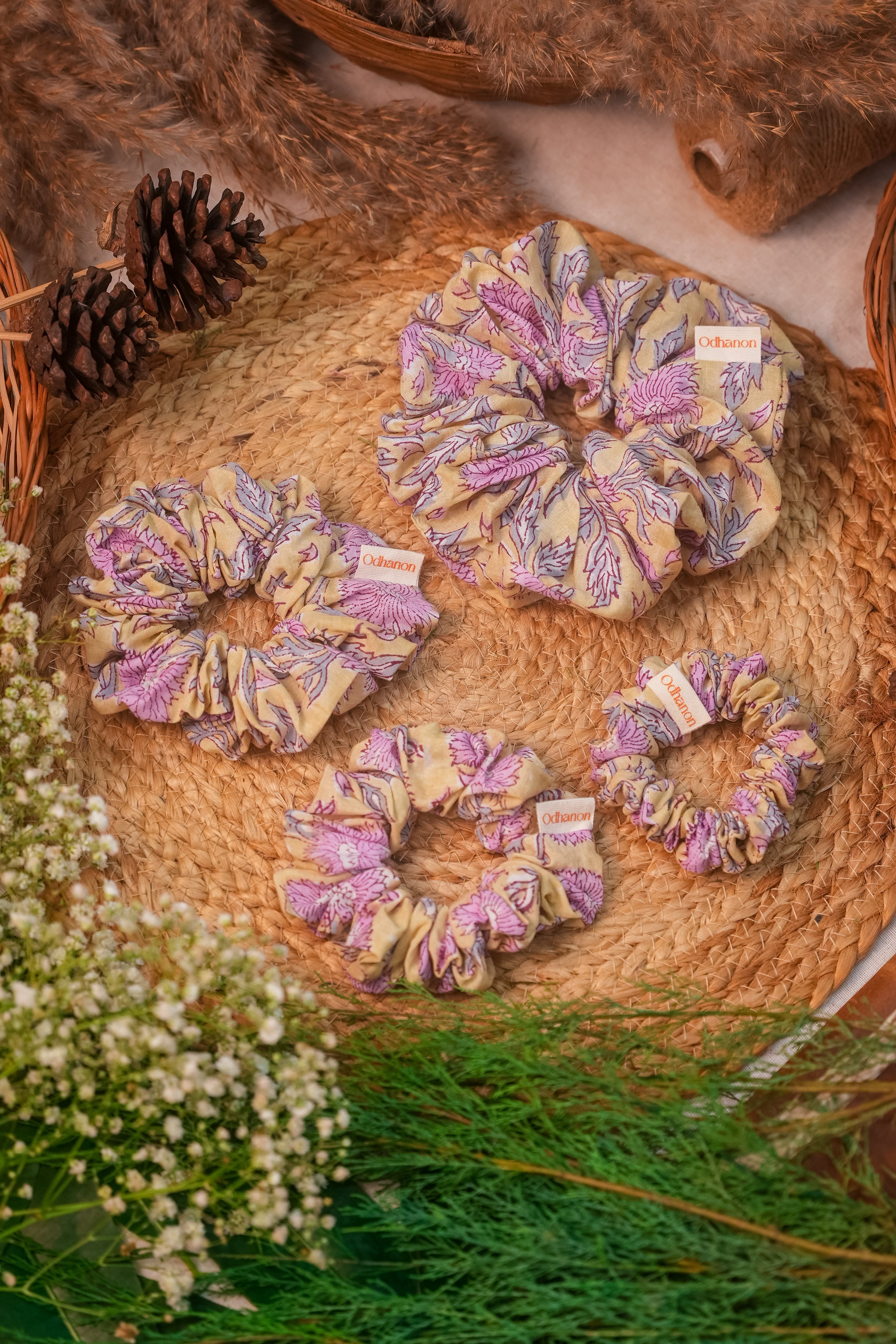 Yellow Pink Florals Scrunchie - Odhanon