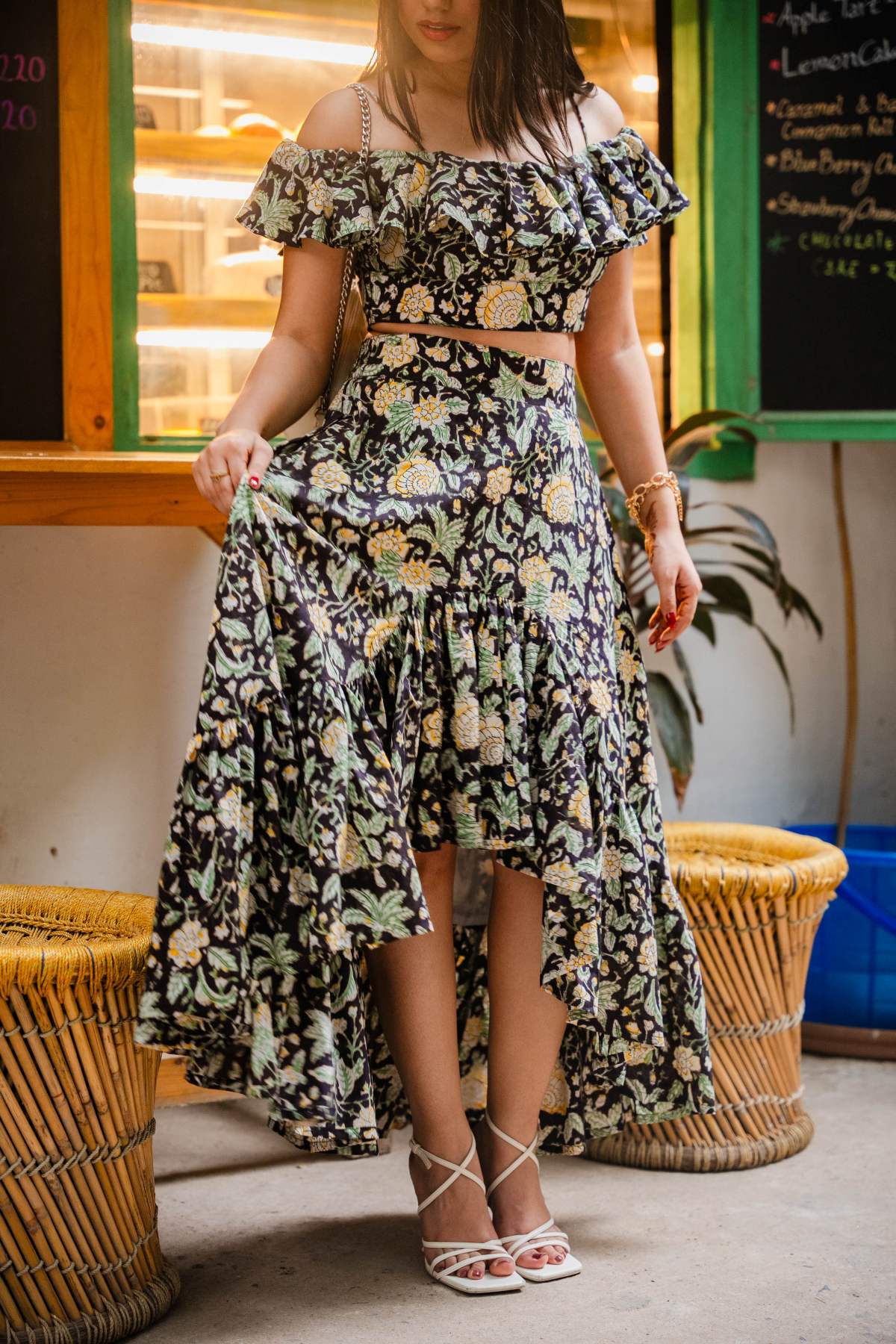 Black Floral Ruffle Skirt