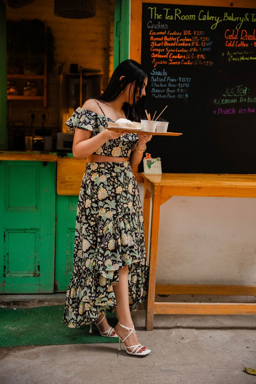 Black Floral Ruffle Skirt