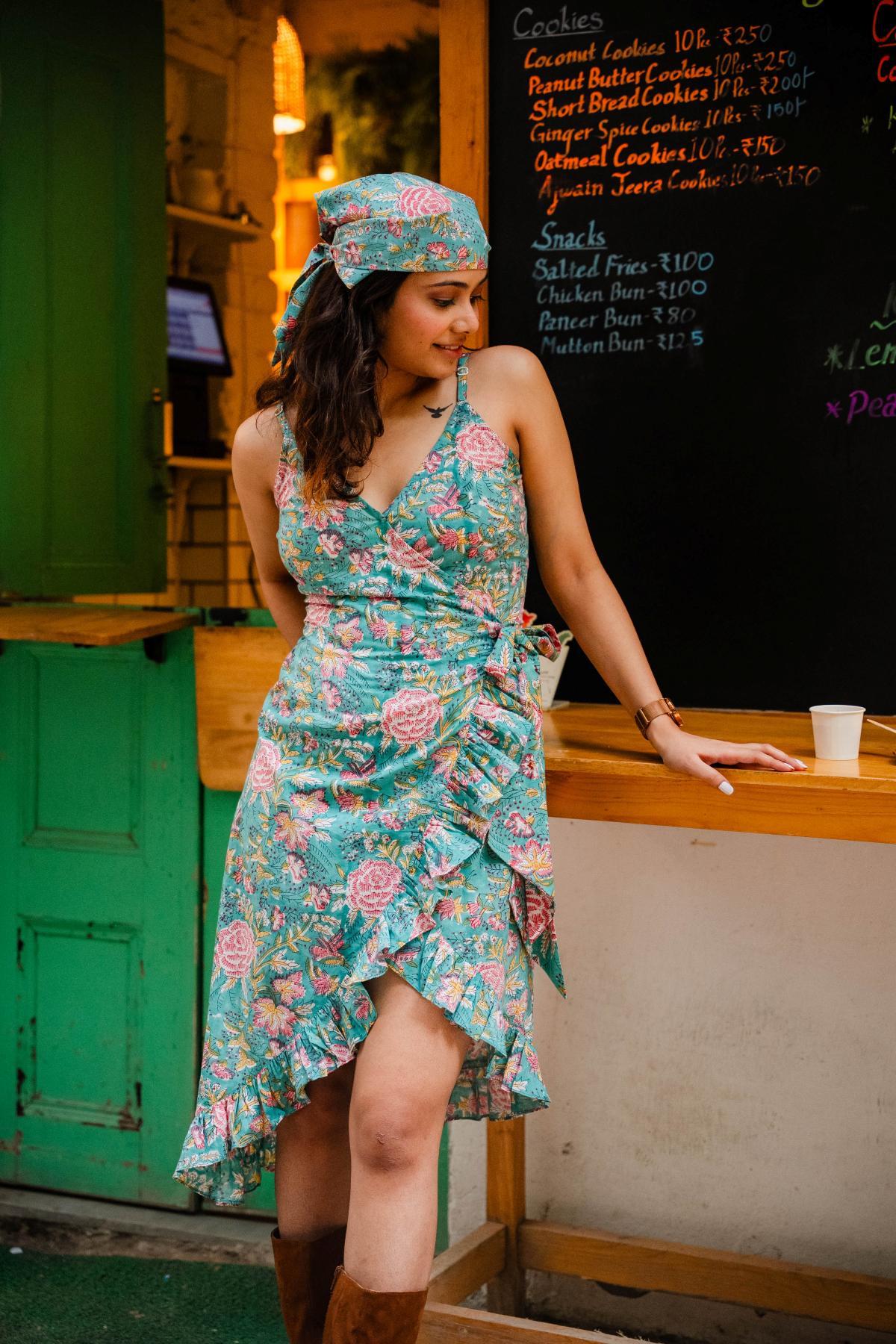 Green Floral Tie-Up Wrap Dress