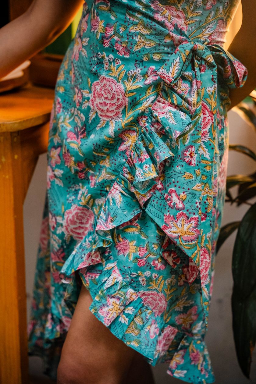 Green Floral Tie-Up Wrap Dress
