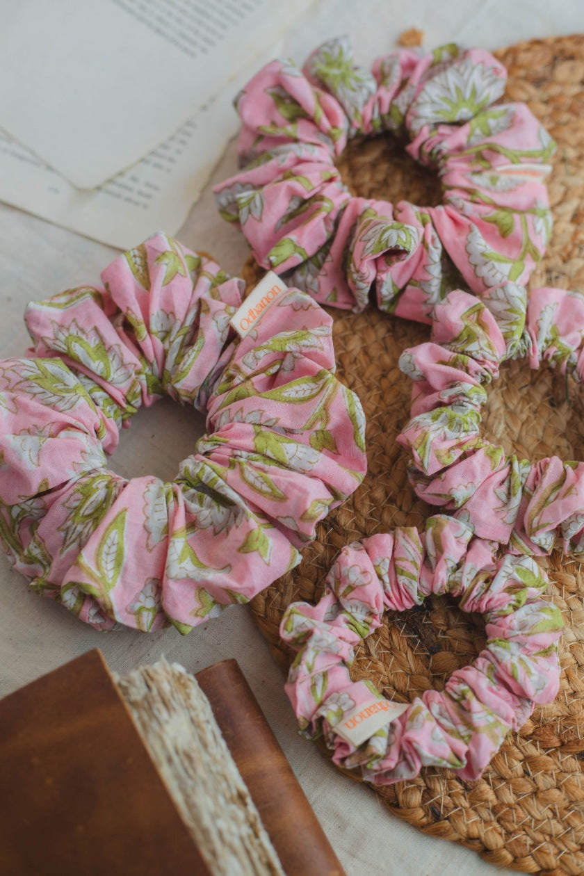 Pink Green Floral Print Scrunchy