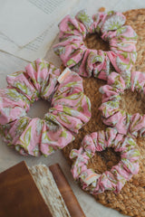 Pink Green Floral Print Scrunchy