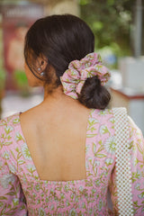 Pink Green Floral Print Scrunchy