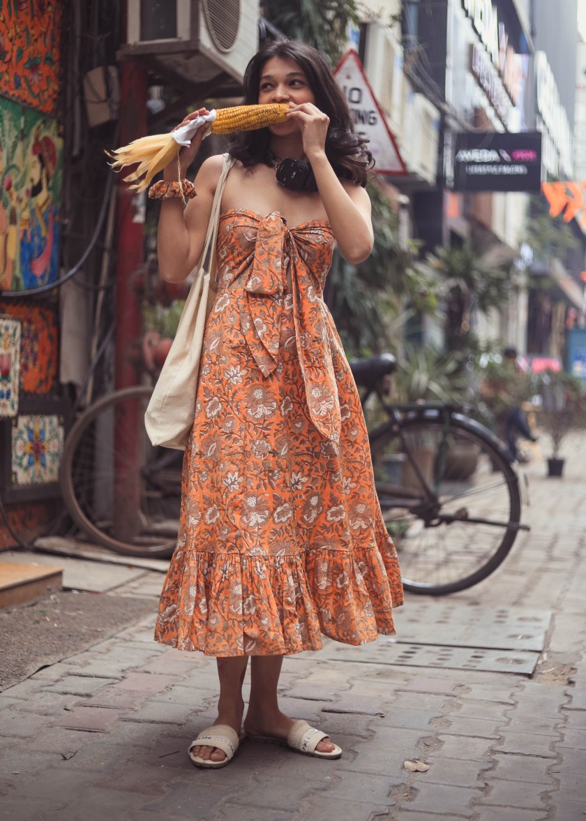 Orange Floral Bow Printed Dress