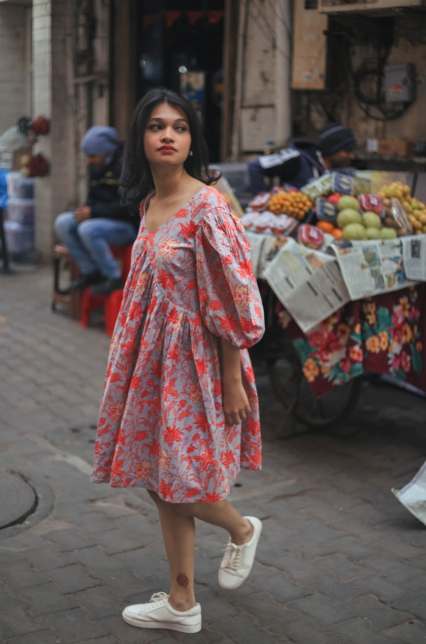 Floral Short Cotton Dress - Odhanon